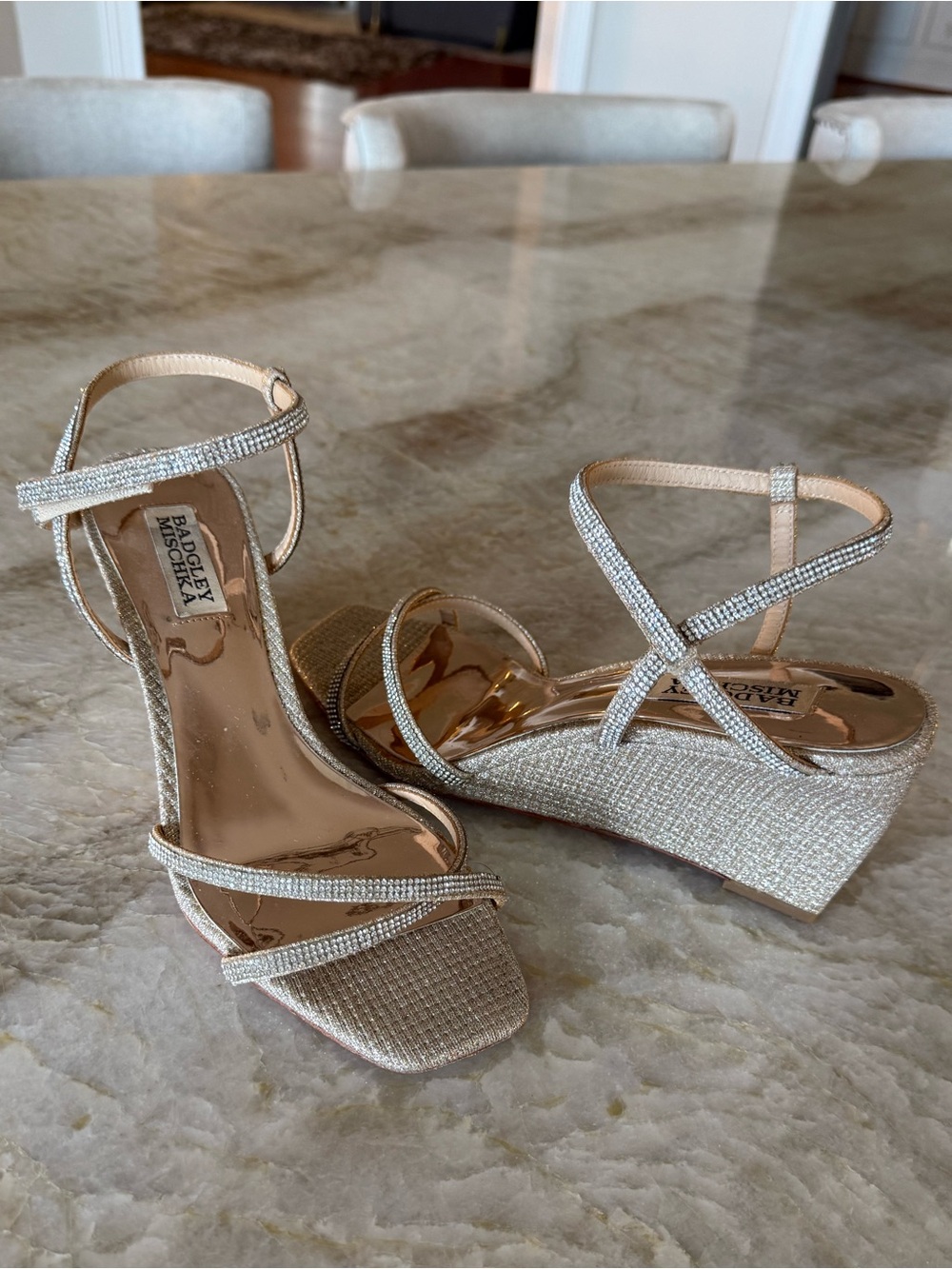 Badgley Mischka Champagne Rhinestone Ankle-Strap Wedges. sz 8